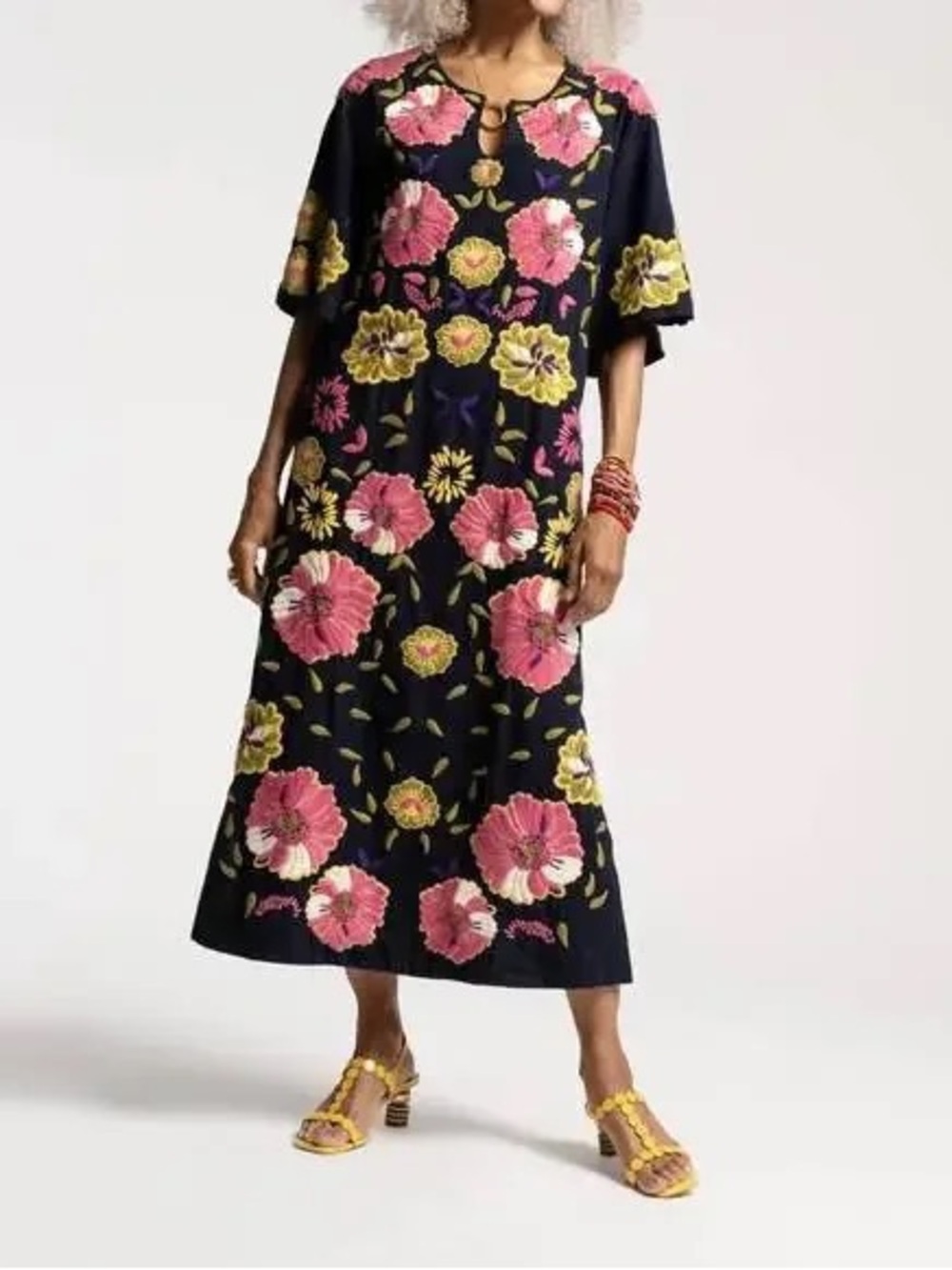 Frances Valentine Black Maxi Dress with Pink & Yellow Floral Embroidery